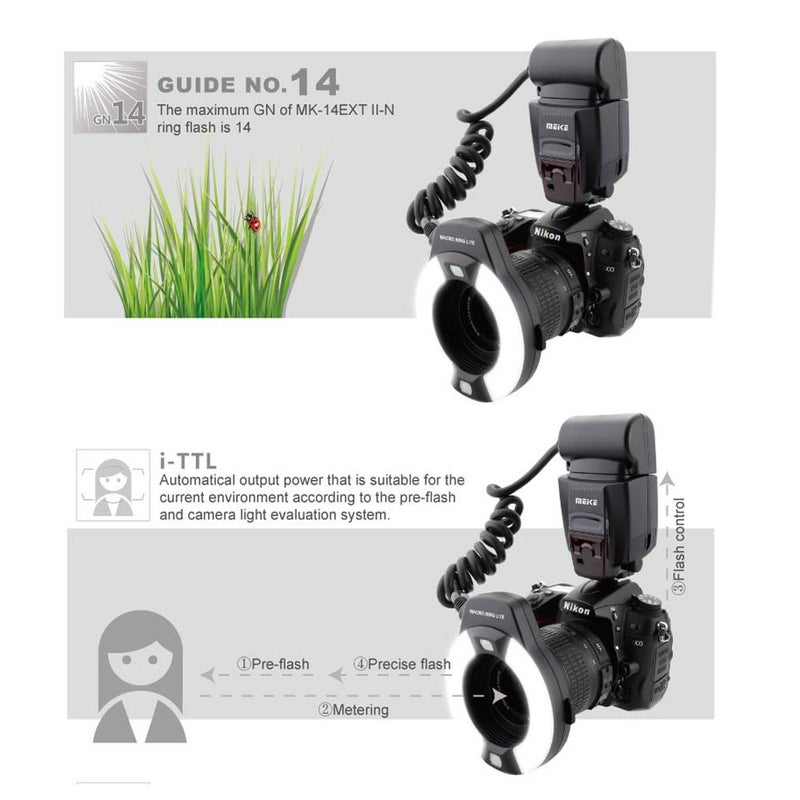 Meike Meike ITTL TTL LED Macro Ring Flash Light For Nikon D3400 D5600 D5300 D3300 D3200 D3100 D5500 D5200 D5100 D7100 D750 D850 D7200 D500 D810 D7500 D5600 D5500 D7000 D3300 Dslr Camera With Hot Shoe Mount