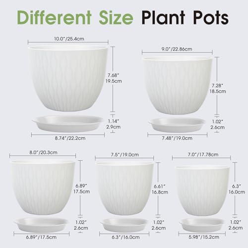 GARDIFE Plant Pots 10/9/8/7.5/7 Inch Plant Pots, Set of 5 Plastic Planters with Drainage Holes and Saucers,Plastic Flower Pots,Nursery Planting Pot for Indoor Out Door Plants (White) - Image 2