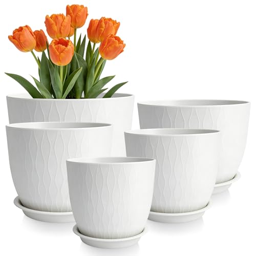GARDIFE Plant Pots 10/9/8/7.5/7 Inch Plant Pots, Set of 5 Plastic Planters with Drainage Holes and Saucers,Plastic Flower Pots,Nursery Planting Pot for Indoor Out Door Plants (White) - Image 1