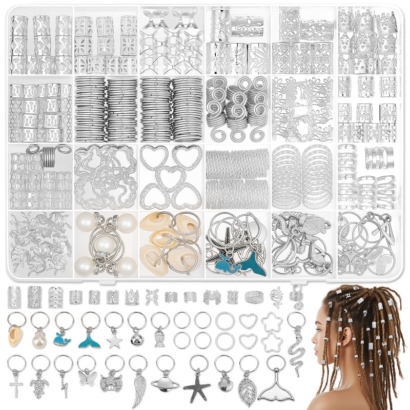 Jollidecor 323 Pcs Silver Hair Jewelry for Braids, Dreadlocks, Twists and Locs, Adjustable Cuffs Rings and Charms Beads Accessories for Women Men, Perfect for Parties, Weddings, Festivals and Daily Wear - Image 1
