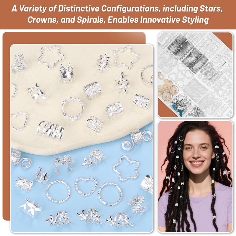 Jollidecor 323 Pcs Silver Hair Jewelry for Braids, Dreadlocks, Twists and Locs, Adjustable Cuffs Rings and Charms Beads Accessories for Women Men, Perfect for Parties, Weddings, Festivals and Daily Wear - Image 5