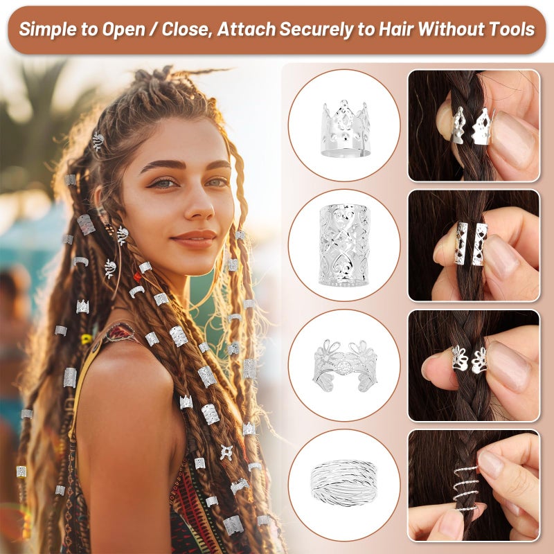 Jollidecor 323 Pcs Silver Hair Jewelry for Braids, Dreadlocks, Twists and Locs, Adjustable Cuffs Rings and Charms Beads Accessories for Women Men, Perfect for Parties, Weddings, Festivals and Daily Wear - Image 4