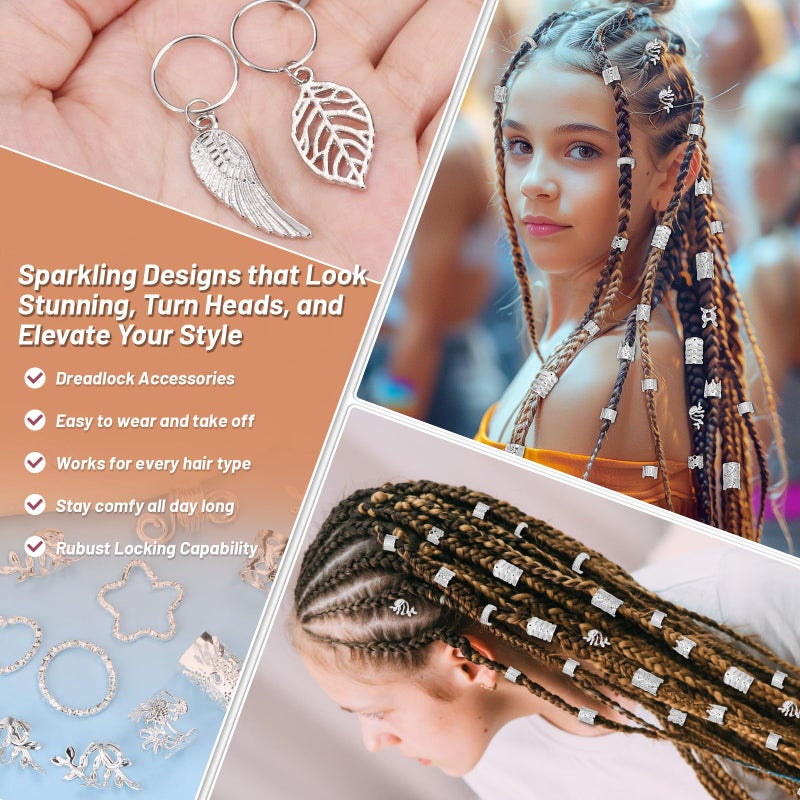 Jollidecor 323 Pcs Silver Hair Jewelry for Braids, Dreadlocks, Twists and Locs, Adjustable Cuffs Rings and Charms Beads Accessories for Women Men, Perfect for Parties, Weddings, Festivals and Daily Wear - Image 3
