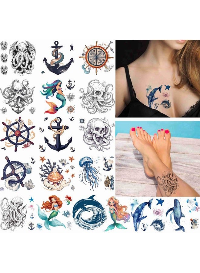 Dopetattoo 24 sheets Temporary Tattoos Mermaid Anchor Octopus Ocean Blue Whale Sea Fish Fake Sticker Tattoo for Women Adults Child Girl - Image 1