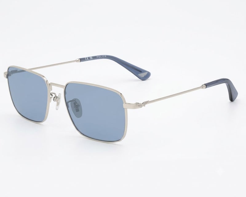 Police SPLR73 Col.579Y 56 Square Metal Sunglasses for Men - Silver Frame with Blue Lenses - Image 5