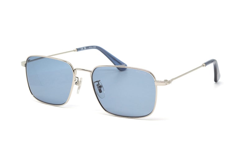Police SPLR73 Col.579Y 56 Square Metal Sunglasses for Men - Silver Frame with Blue Lenses - Image 1