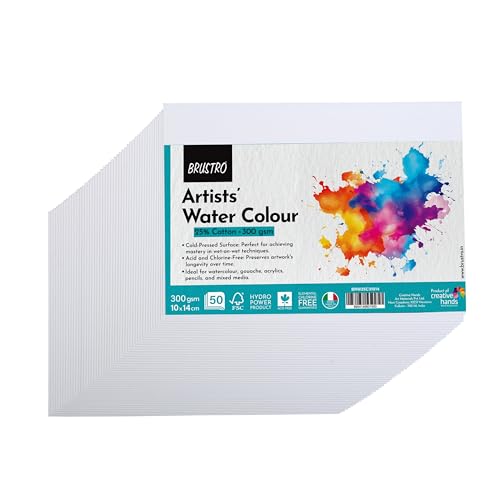 BRUSTRO Artists 25% Cotton Watercolour Paper, Cold Pressed, 300 GSM, Size (Small) 10x14 cm-50 Sheets,(4 Inch X 5.5 Inch)|Ideal for Watercolor,Acrylic,Gouache,Charcoal,Graphite,Ink & Other Mixed Media - Image 1