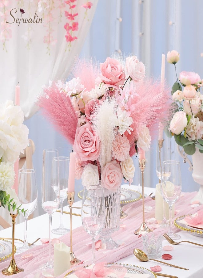 Serwalin Pampas Grass Pink Decor 17.7 Inch 6pcs, Faux Pampas Grass Home Decor, Artificial Pampas Grass Blush Fake Pampas, Short Vase Room Christmas Decoration - Image 3