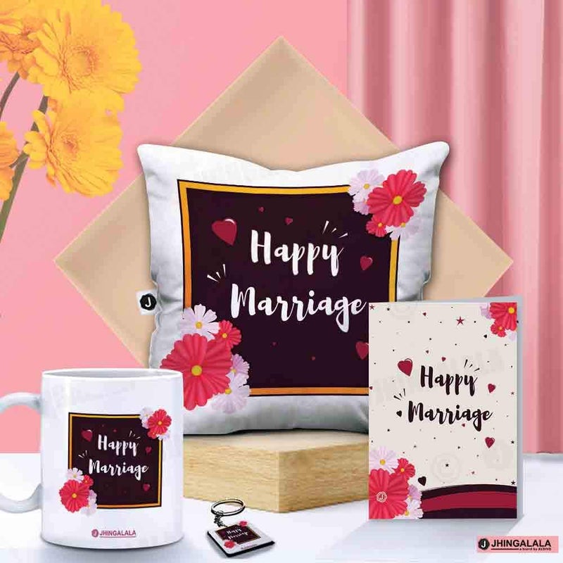 Jhingalala Jhingalala Happy Marriage Printed Cushion Mug Key Chain Greeting Card Combo Gift Pack Gift for Wedding Couple Marriage Gifts for Couples Wedding Gift for Couples Marriage Gift for Friend - Image 1