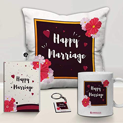 Jhingalala Jhingalala Happy Marriage Printed Cushion Mug Key Chain Greeting Card Combo Gift Pack Gift for Wedding Couple Marriage Gifts for Couples Wedding Gift for Couples Marriage Gift for Friend - Image 2