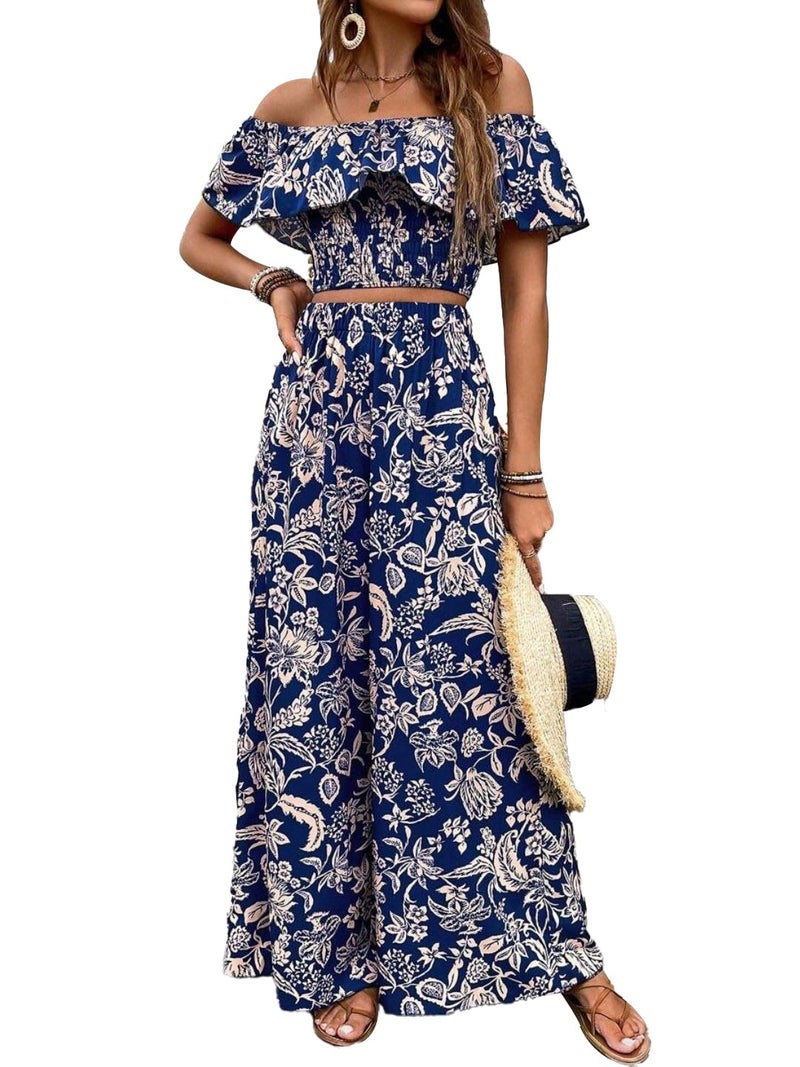 Trendy Queen Blue Beige Co Ord Set Floral Print Off Shoulder Top Palazzo Pants Summer Vacation Outfit Ruffle Neck Flowy High Waist Relaxed Fit Two Piece Set - Image 5