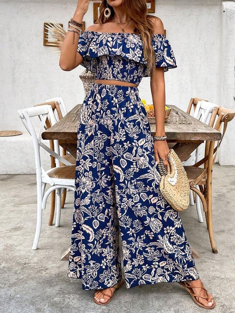 Trendy Queen Blue Beige Co Ord Set Floral Print Off Shoulder Top Palazzo Pants Summer Vacation Outfit Ruffle Neck Flowy High Waist Relaxed Fit Two Piece Set - Image 2