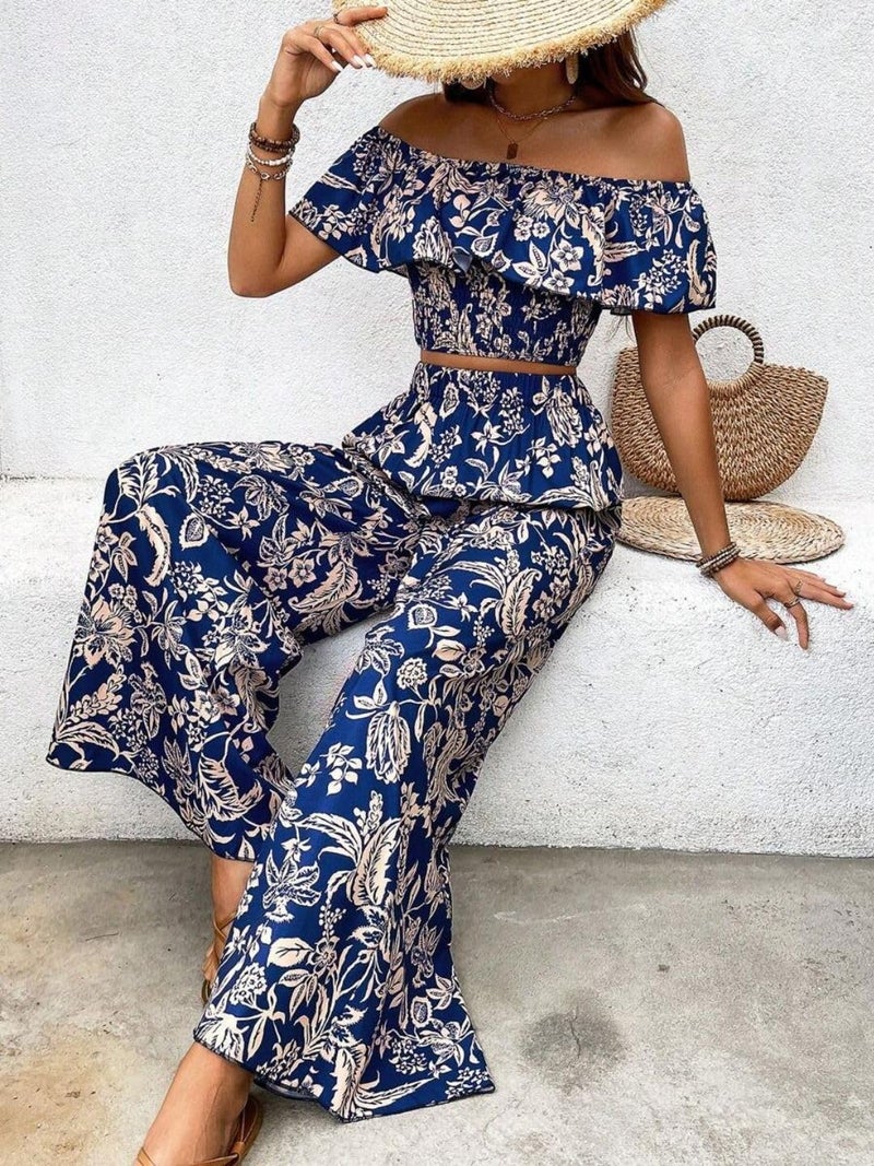 Trendy Queen Blue Beige Co Ord Set Floral Print Off Shoulder Top Palazzo Pants Summer Vacation Outfit Ruffle Neck Flowy High Waist Relaxed Fit Two Piece Set - Image 4