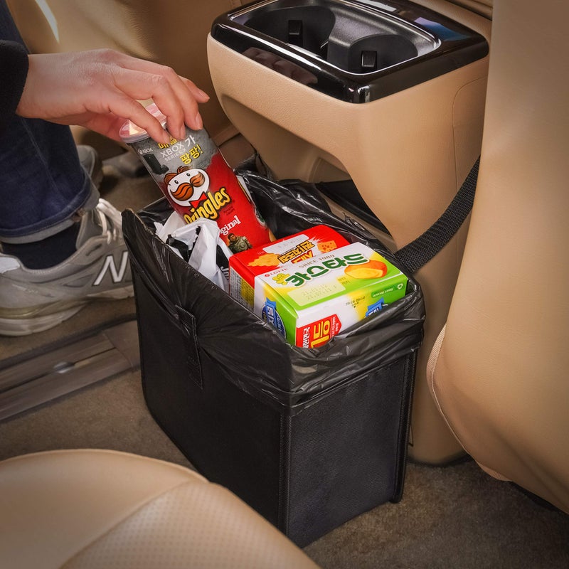 KMMOTORS KMMOTORS Foldable Hanging Car Trash Can Trash Bag Trash bin Vegan Leather and Oxford Clothes Car Organizer Cute car Gadgets Large Black 