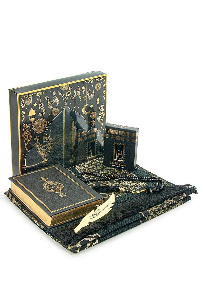 I PRAYER GIFT SET FOR MEN WOMEN MUSLIM PRAYER RUG SALAH MAT BEADS TAASBIH ARABIC HOLY QURAN ISLAMIC GIFT SET FOR RAMADAN EID BLACK