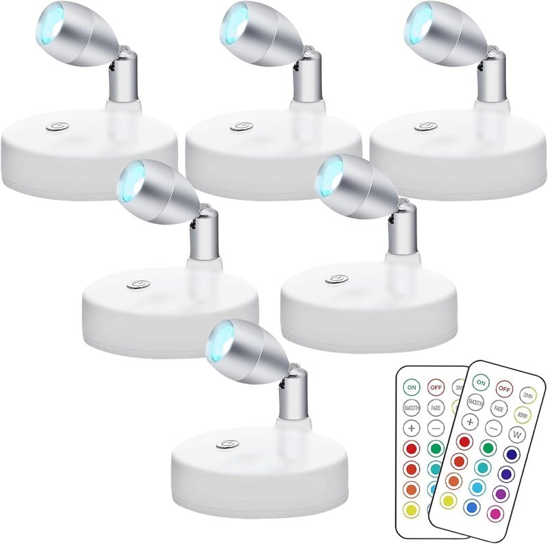 KINDEEP Spotlight Battery Operated, RGB Wireless LED Puck Light, Stick on Mini Accent Light, Dimmer & Timer Uplight with Remote, 4000K Warm White, for Picture Artwork Painting Plants 6 Pack - Image 1