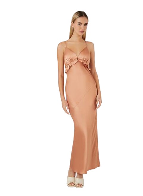 Satin Ruffle-Trim Maxi Dress
