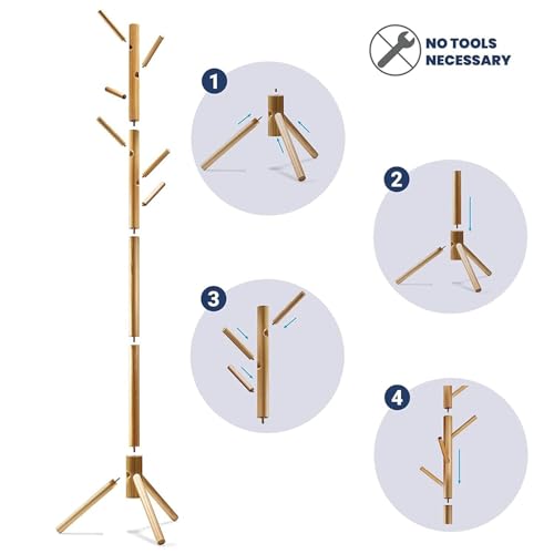 Ash  Roh Ash & Roh Natural Wooden Coat Rack Stand With Hooks Adjustable Height, Easy Assembly, Sturdy Solid Base for Coats, Hats, Handbags Entryway, Hallway, Bedroom, Office (Beige, 92-3), 10 x 10 x 24 Cm - Image 5