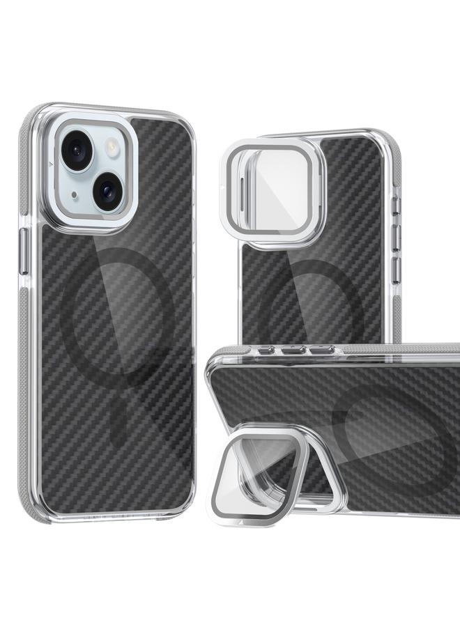 S-TOP Case For iPhone 15 Plus Magsafe Dual-Color Carbon Fiber Lens Film Phone Case with Lens Fold Holder - Image 1