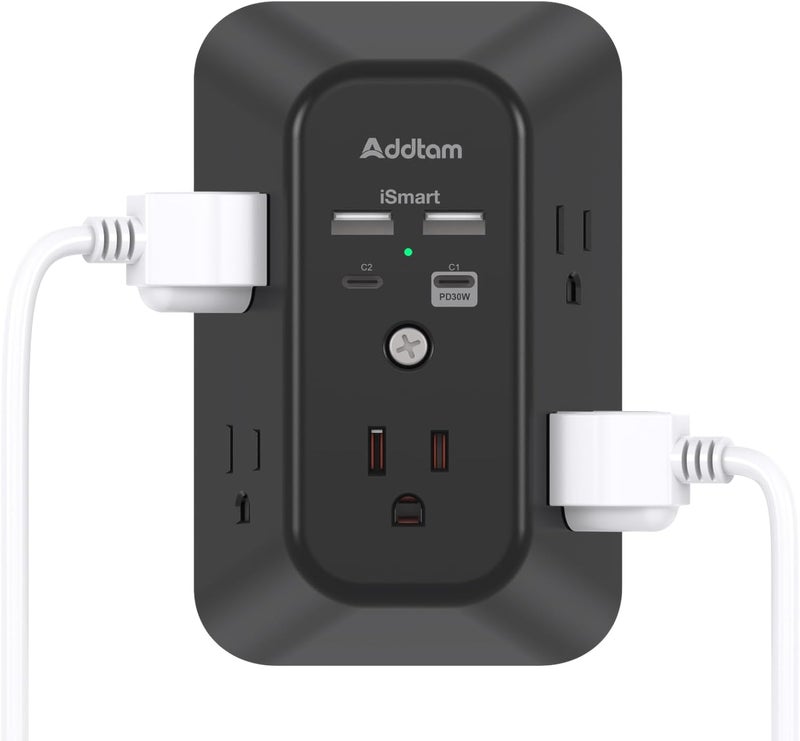 Addtam Outlet Extender Surge Protector - 5-Outlet Splitter with 4 USB Wall Charger(PD 30W), Multi Plug Wall Outlet Power Strip for Home, Black - Image 1