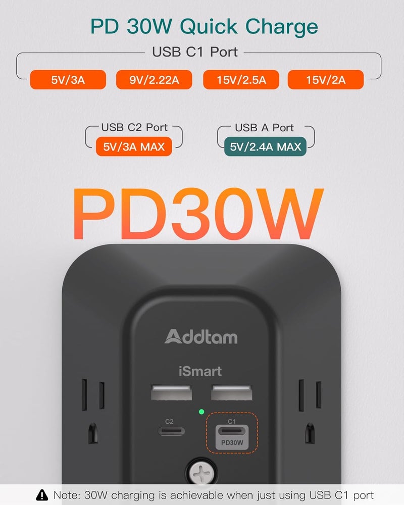 Addtam Outlet Extender Surge Protector - 5-Outlet Splitter with 4 USB Wall Charger(PD 30W), Multi Plug Wall Outlet Power Strip for Home, Black - Image 3