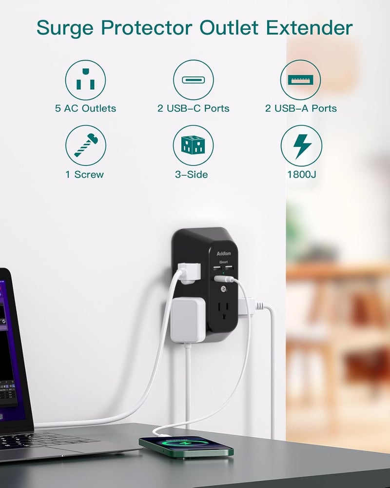 Addtam Outlet Extender Surge Protector - 5-Outlet Splitter with 4 USB Wall Charger(PD 30W), Multi Plug Wall Outlet Power Strip for Home, Black - Image 2