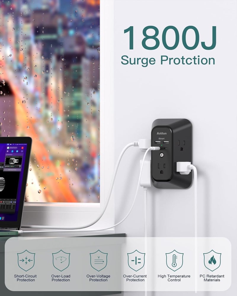 Addtam Outlet Extender Surge Protector - 5-Outlet Splitter with 4 USB Wall Charger(PD 30W), Multi Plug Wall Outlet Power Strip for Home, Black - Image 4