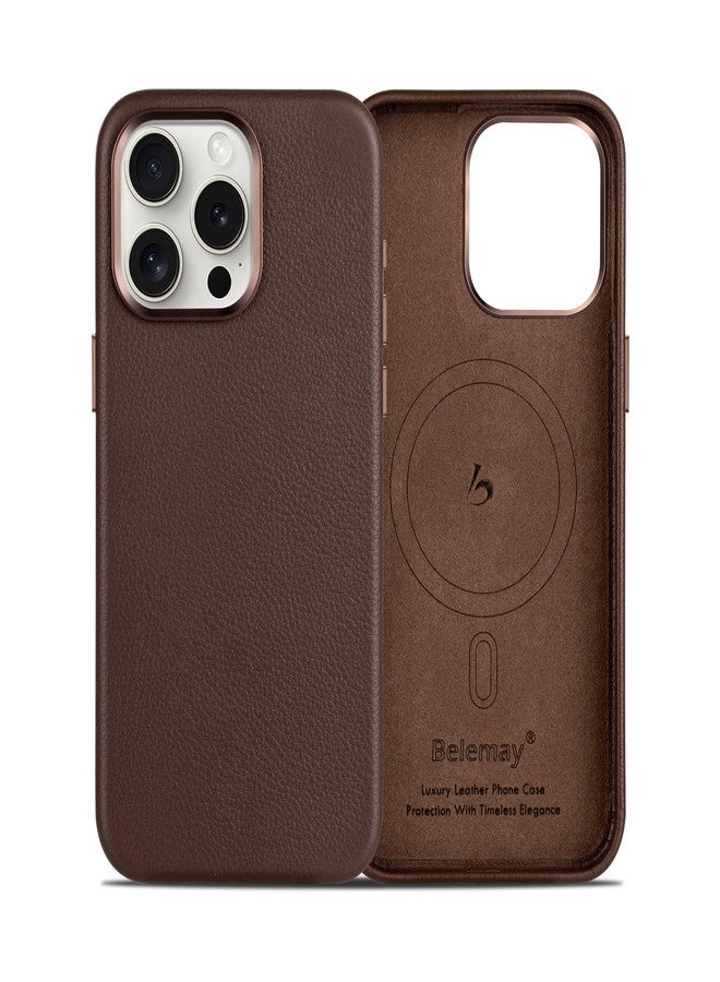 Belemay Leather Case Compatible with iPhone 14 Pro Max Brown | Compatible with MagSafe, Luxury Tumbled Leather, Metal Buttons, Lens Protector, Slim Fit, Durable, Distinctive Texture, 6.7-inch - Image 1