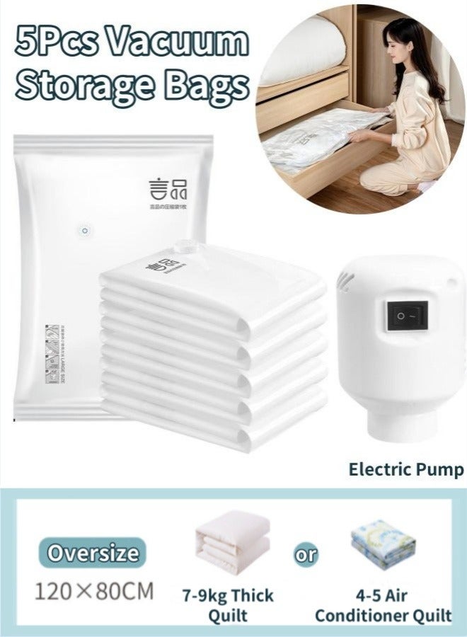 5Pcs Vacuum Storage Bags, 120 x 80cm Space Saver Bags Reusable Vacuum Seal Bags Vacuum Sealed Compression Bags with Electric Pump,Valve, Zip Sealed, for Clothes, Mattress, Blanket, Duvets, Pillows, Comforters, Quilt, Travel - Image 1
