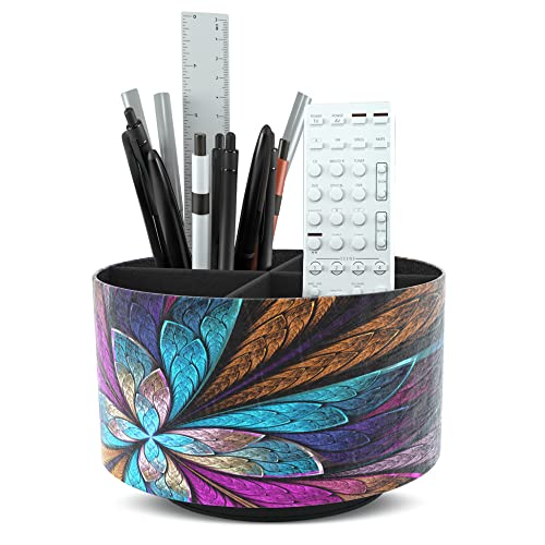 Hennaja Round Leather Art Supply Organizer,Remote Control Holder,360 Degree Rotating,Multi-Functional Pencil Holder,4 Compartments Desktop Stationary Organizer(1-Fractal Flower) - Image 1