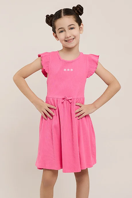 R&B Ribbed Fit & Flare Dress with Flutter Sleeves
