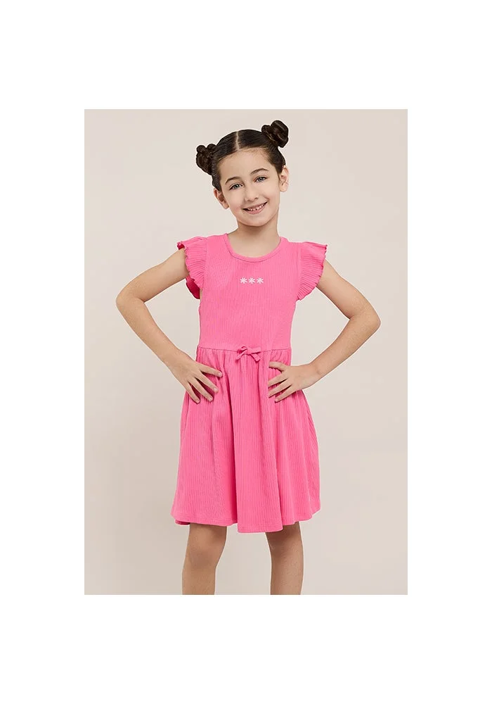 R&b Ribbed Fit & Flare Dress with Flutter Sleeves