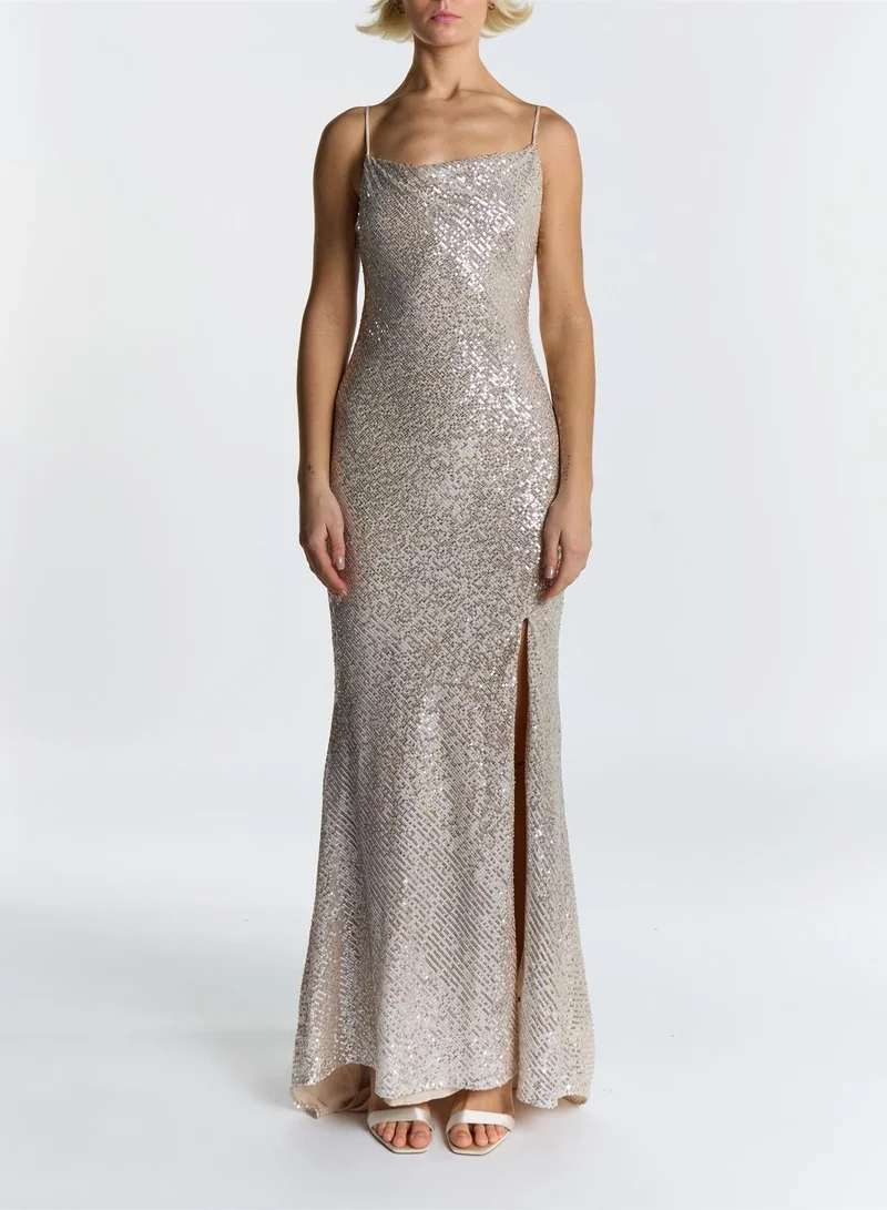 ترو ديكادينس Pippa Champagne Sequin Cowl Neck Front Split Slip Dress