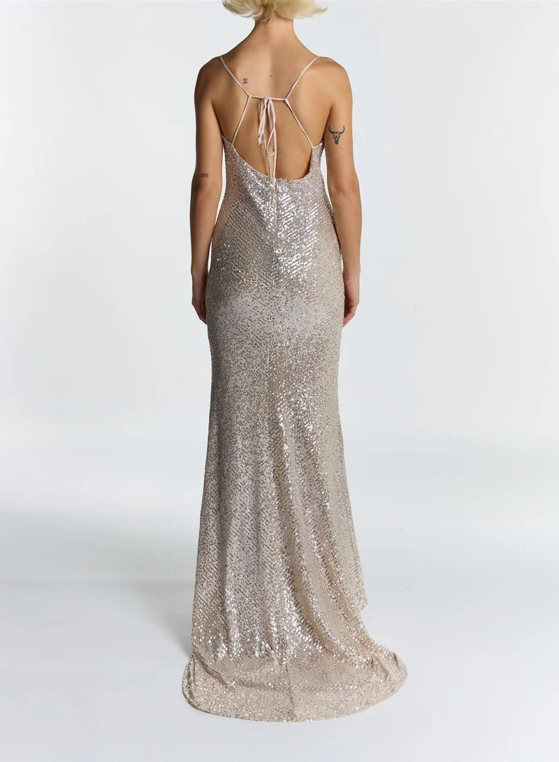 ترو ديكادينس Pippa Champagne Sequin Cowl Neck Front Split Slip Dress