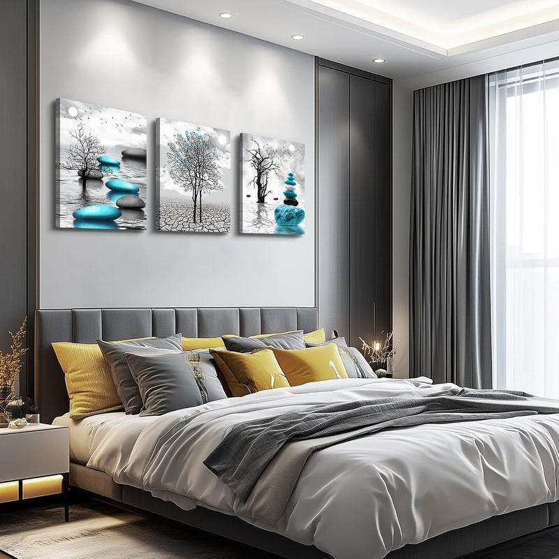 اي ار اس لوحة فنية تجريدية مطبوعة على قماش مؤطر من ثلاث قطع من ARS - تجريدية بالأبيض والأسود مع لمسات زرقاء (50 × 70 سم) مناسبة للمكتب وغرفة المعيشة وغرفة النوم كهدية - Image 4