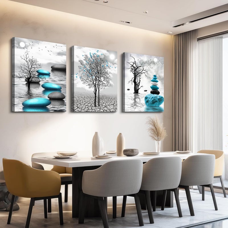 اي ار اس لوحة فنية تجريدية مطبوعة على قماش مؤطر من ثلاث قطع من ARS - تجريدية بالأبيض والأسود مع لمسات زرقاء (50 × 70 سم) مناسبة للمكتب وغرفة المعيشة وغرفة النوم كهدية - Image 5