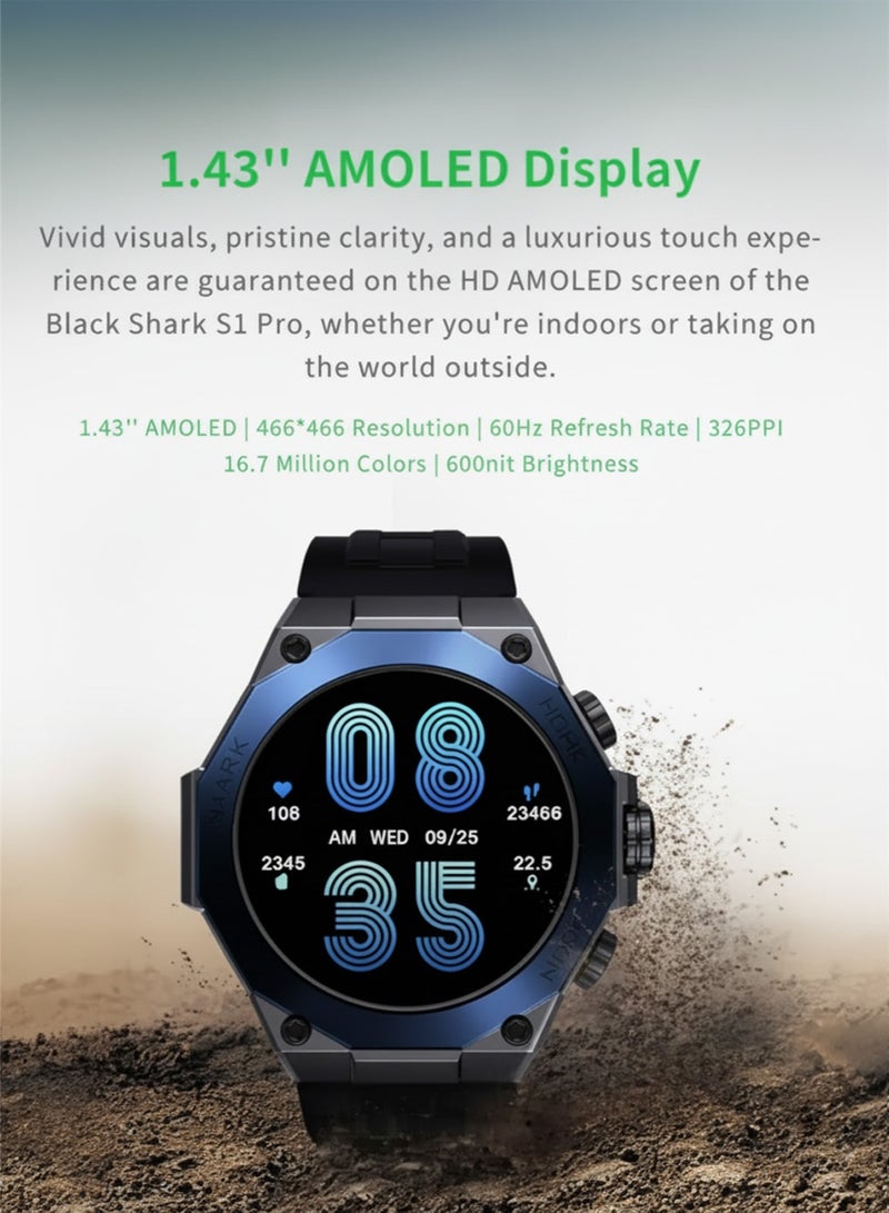 بلاك شارك ساعة بلاك شارك الذكية S1 برو بشاشة AMOLED مقاس 1.43 بوصة، وعمر بطارية يصل إلى 15 يومًا، وأكثر من 100 وضع رياضي، ومراقبة صحة الألعاب، ومقاومة للماء IP68، وساعة ذكية قابلة للغسل بالكامل - أزرق - Image 4