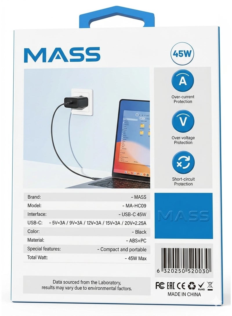 ماس شاحن حائط Mass بقوة 45 واط بتقنية الشحن السريع PD، بتصميم صغير الحجم | منفذ USB-C | شحن فائق السرعة، الموديل: MA-HC09 (أسود) - ضمان محلي لمدة عام - Image 2