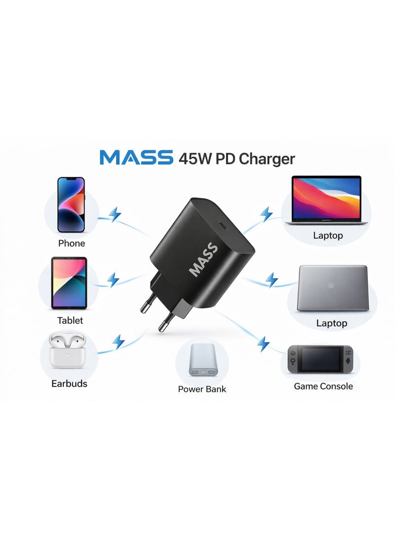 ماس شاحن حائط Mass بقوة 45 واط بتقنية الشحن السريع PD، بتصميم صغير الحجم | منفذ USB-C | شحن فائق السرعة، الموديل: MA-HC09 (أسود) - ضمان محلي لمدة عام - Image 4