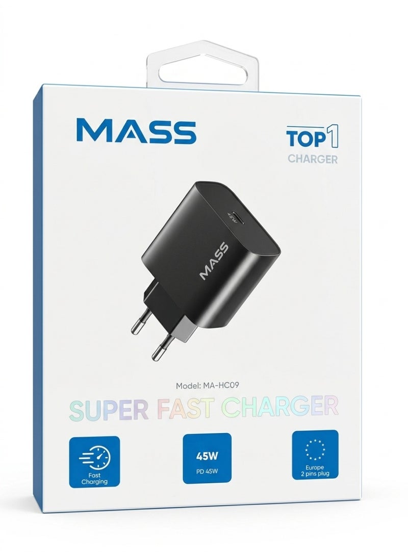 ماس شاحن حائط Mass بقوة 45 واط بتقنية الشحن السريع PD، بتصميم صغير الحجم | منفذ USB-C | شحن فائق السرعة، الموديل: MA-HC09 (أسود) - ضمان محلي لمدة عام - Image 1