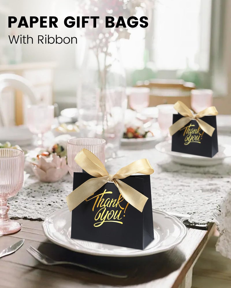 DOYIDE 30 Pack Small Thank You Gift Bags, 4.5x1.8x3.9in Party Favor Bags with Bow Ribbon, Mini Paper Gift Bag with Gold Foil Printed, Black Treat Boxes for Birthday Wedding Bridal Baby Shower - Image 5