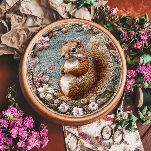 FONNUY Funny Squirrel Floral Embroidery Kit, Cross Stitch Kits for Beginners, Handmade Crafts with Printed Patterns for Beginner Adults, Easy to Follow Color Thread Needlework, 8'' Hoop (Happy) - Image 4