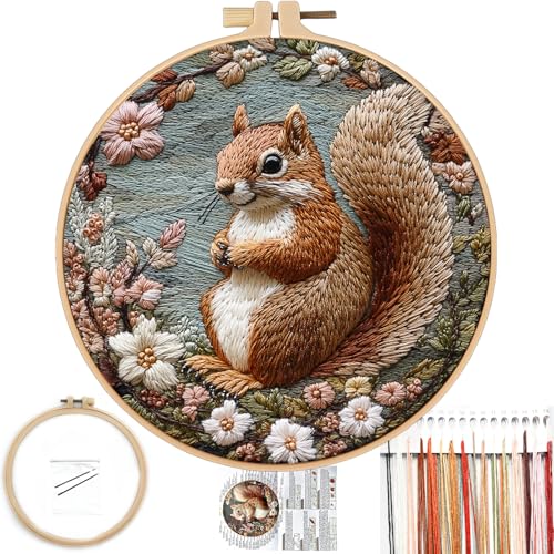 FONNUY Funny Squirrel Floral Embroidery Kit, Cross Stitch Kits for Beginners, Handmade Crafts with Printed Patterns for Beginner Adults, Easy to Follow Color Thread Needlework, 8'' Hoop (Happy) - Image 1