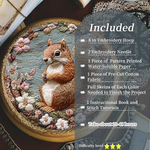 FONNUY Funny Squirrel Floral Embroidery Kit, Cross Stitch Kits for Beginners, Handmade Crafts with Printed Patterns for Beginner Adults, Easy to Follow Color Thread Needlework, 8'' Hoop (Happy) - Image 2