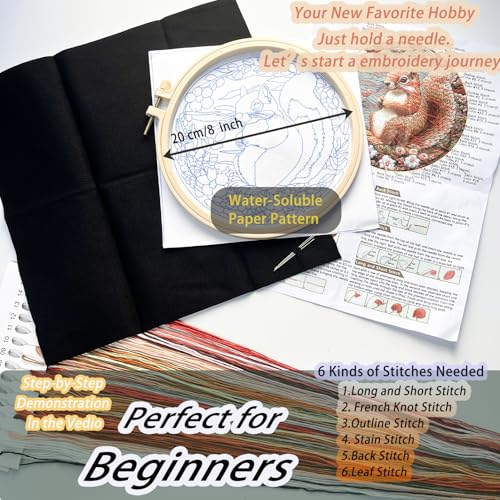 FONNUY Funny Squirrel Floral Embroidery Kit, Cross Stitch Kits for Beginners, Handmade Crafts with Printed Patterns for Beginner Adults, Easy to Follow Color Thread Needlework, 8'' Hoop (Happy) - Image 5