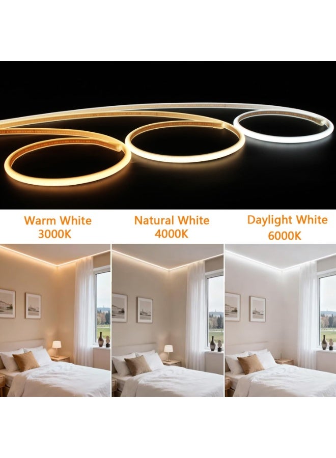 شريط إضاءة LED سيليكون مرن بطول 5 أمتار، بلون أبيض دافئ 3000 كلفن، عالي السطوع، مناسب للإضاءة الزخرفية، يعمل بجهد 220 فولت تيار متردد، مقاوم للماء بمعيار IP65، مزود بموصل كهربائي - Image 5