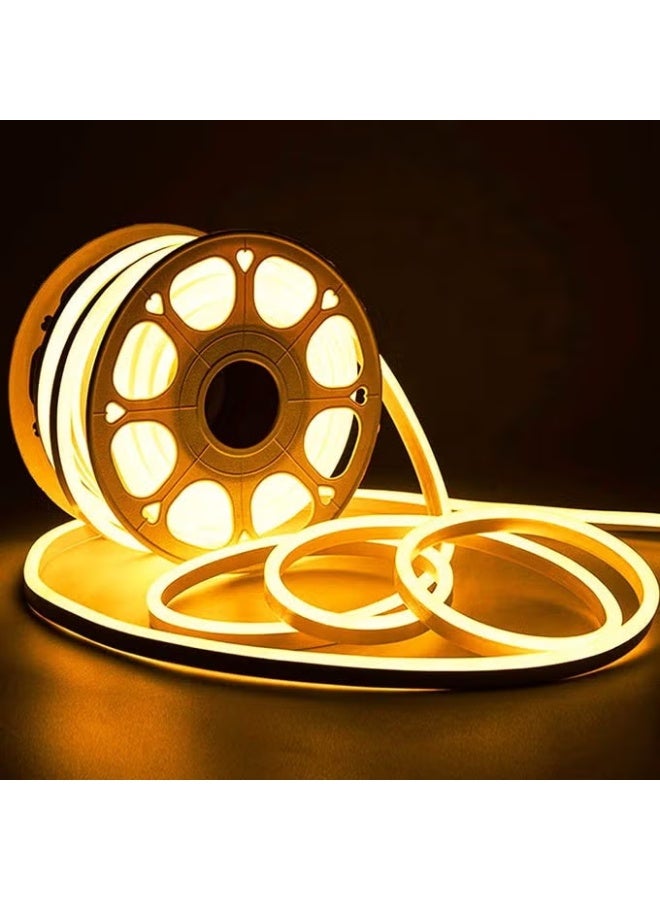 شريط إضاءة LED سيليكون مرن بطول 5 أمتار، بلون أبيض دافئ 3000 كلفن، عالي السطوع، مناسب للإضاءة الزخرفية، يعمل بجهد 220 فولت تيار متردد، مقاوم للماء بمعيار IP65، مزود بموصل كهربائي - Image 1