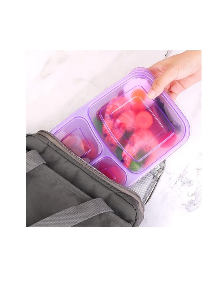 Deep plastic lunch box, 3 compartments, rectangular shape, capacity (2.2 liters), for trips, schools and clubs. Light purple color.