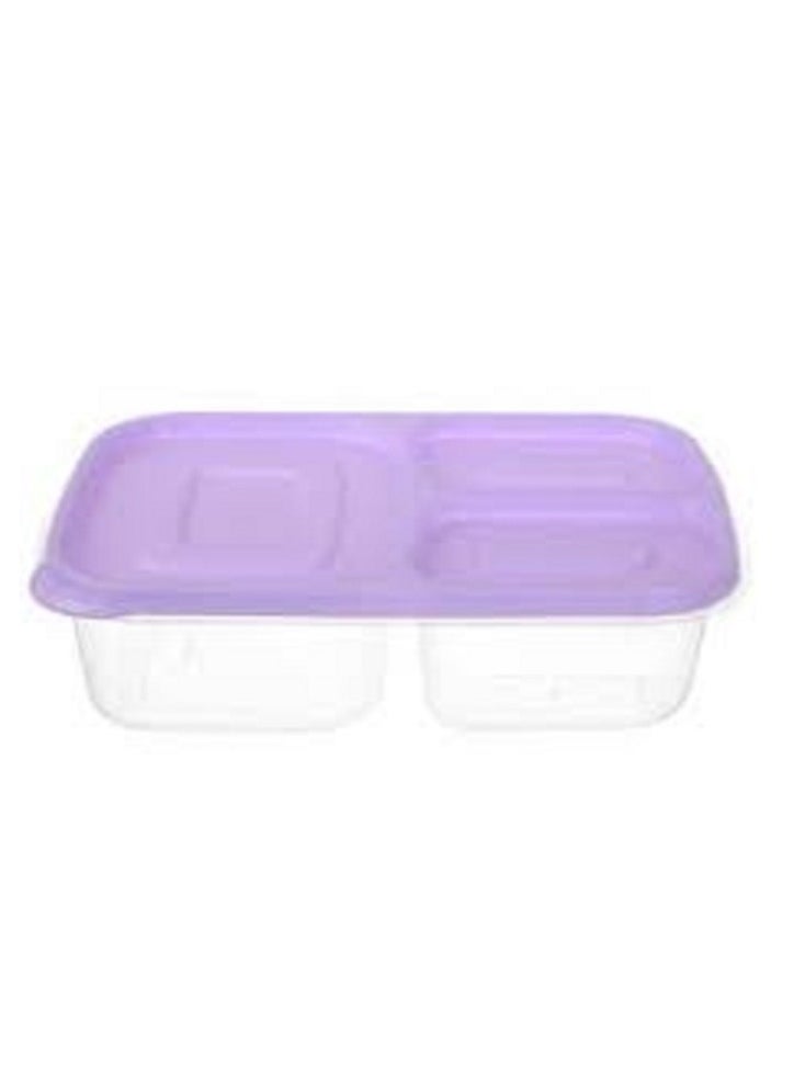Deep plastic lunch box, 3 compartments, rectangular shape, capacity (2.2 liters), for trips, schools and clubs. Light purple color.