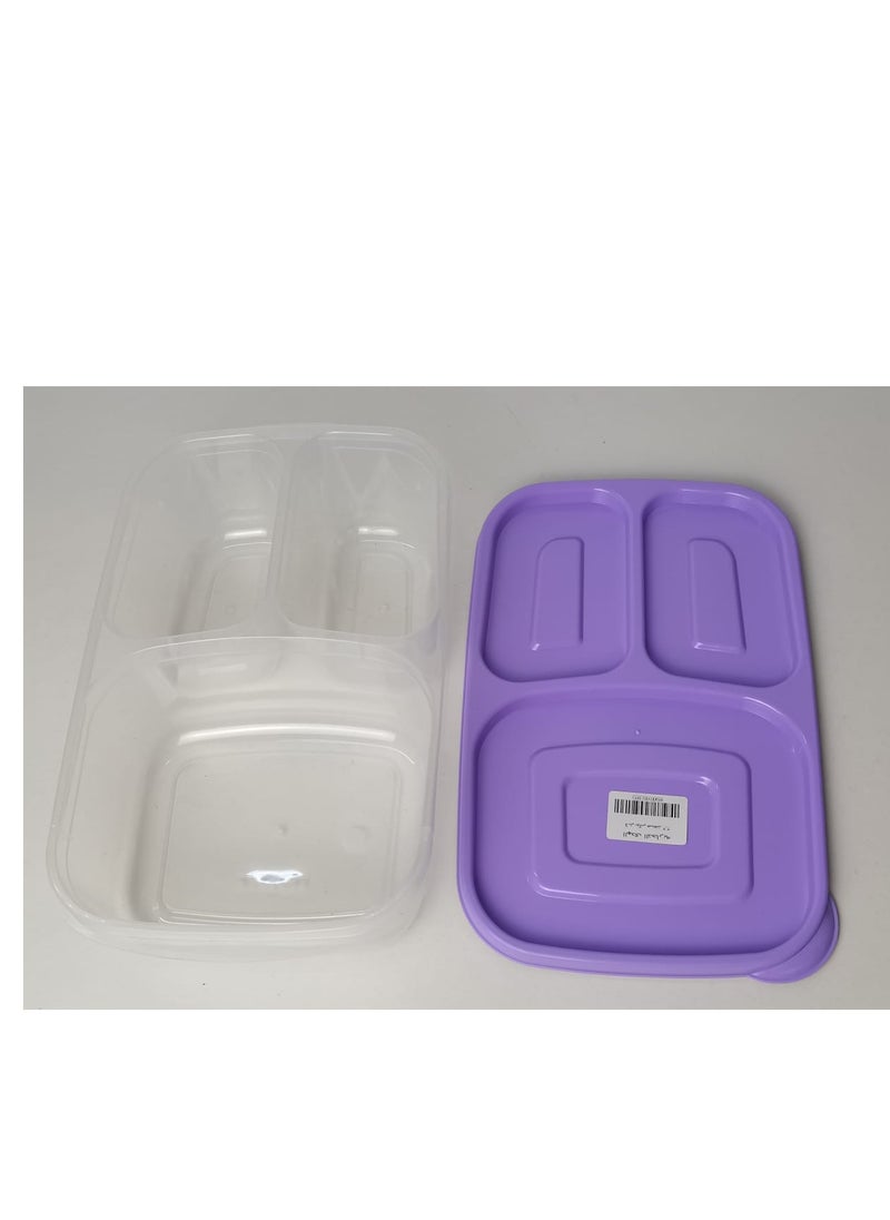 Deep plastic lunch box, 3 compartments, rectangular shape, capacity (2.2 liters), for trips, schools and clubs. Light purple color.